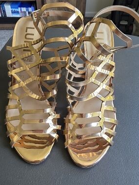 Rose Gold Metallic Cage Heels - Women's